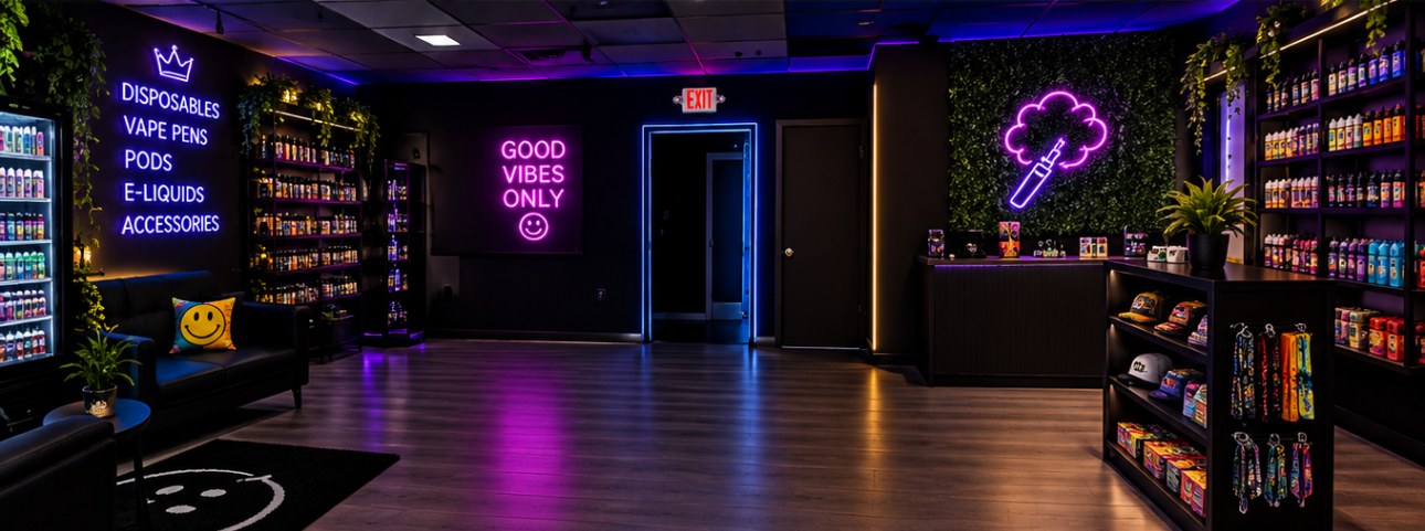The Vapes N Vibes lounge with seating, a Good Vibes Only neon sign and shelves of e-liquids
